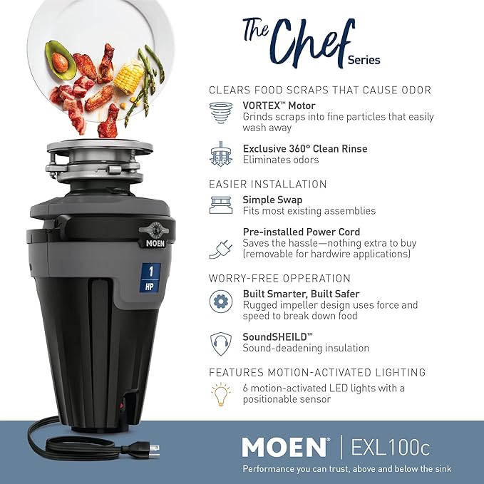Moen Chef Series 1 HP Continuous Feed Lighted Garbage Disposal with Sound Reduction for Under Sink, Power Cord Included, EXL100C