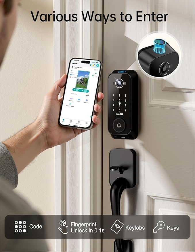 Smart Front Door Lock Sets: 2K HD Camera Lock with Doorbell Kits, Hornbill Fingerprint Keyless Entry Door Lock with Handles, WiFi Deadbolt(only 2.4G) for Remote Control, Free APP/Alexa/PIR, Black
