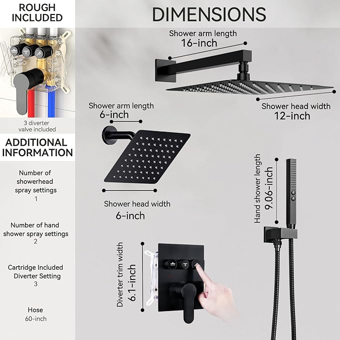 Shower Systems with Rain Shower and Handheld,STARBATH Dual Head 12+6" Rainfall Shower Can Run All Together, Wall Mount Shower Faucet Set with Pressure Balance Valve and Trim Kit, Matte Black