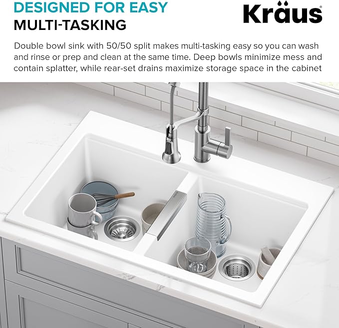 KRAUS Quarza 33-inch Granite Drop-In/Undermount 50/50 Double Bowl White Kitchen Sink, KGD-433BWHITE
