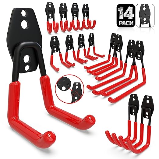 3-H Garage Wall Hooks 14 Pack,Garage Hooks Heavy Duty with Extra Welding Spots,Garage Hooks for Hanging,Garage Organizer for Garden,Lawn,Yard Tools,Chairs,Ladders,WeedEater,Shovel,Blower(Red)