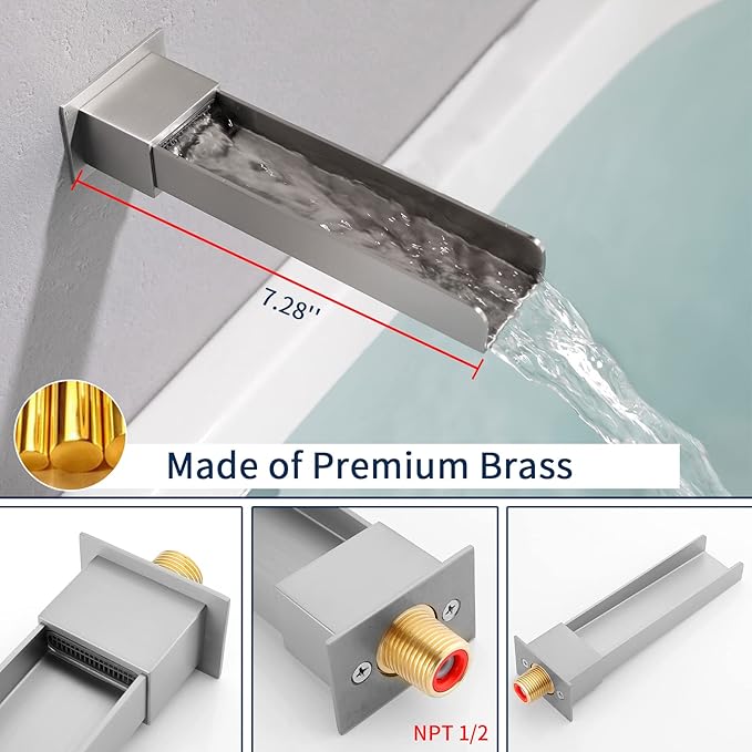 Shower Faucet Set with Waterfall Tub Spout Tub and Shower Trim Kit with Rough in Valve Waterfall Shower Tub Faucet Set Wall Mount Shower System Brushed Nickel