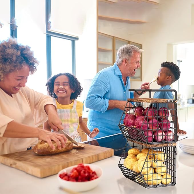 2 Pack Fruit Bowl Hanging Fruit Basket for Kitchen Counter ,Stackable Wire Baskets for Onion Storage and Potato Storage with Wood Lid,Vegetable Fruit Basket with Banana Hooks