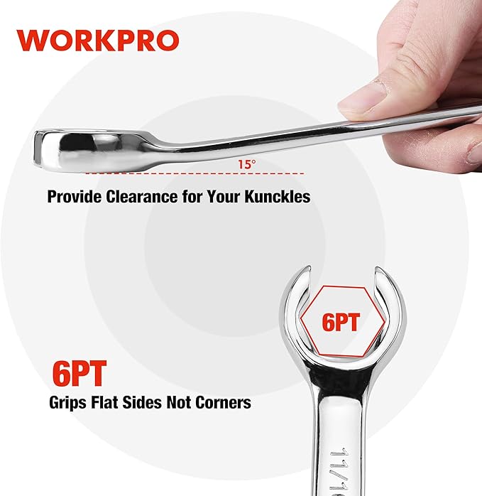 WORKPRO 4-Piece Flare Nut Wrench Set, SAE Brake Line Wrenches, 1/4", 5/16", 3/8", 7/16", 1/2", 9/16", 5/8", 11/16", Cr-V Steel, 15° Offset Head Tubing Wrench, Organizer Pouch Included
