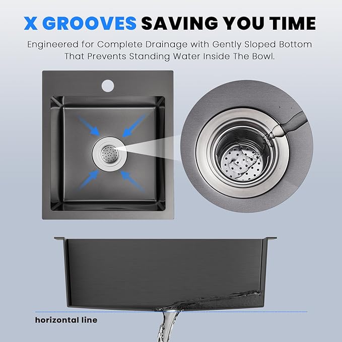 POPFLY Kitchen Sink, 15×17 Inch Drop In Black Small Kitchen Sinks, 304 Stainless Steel Bar or Prep Rv Single Bowl Sink, Fregaderos De Cocina Modernos