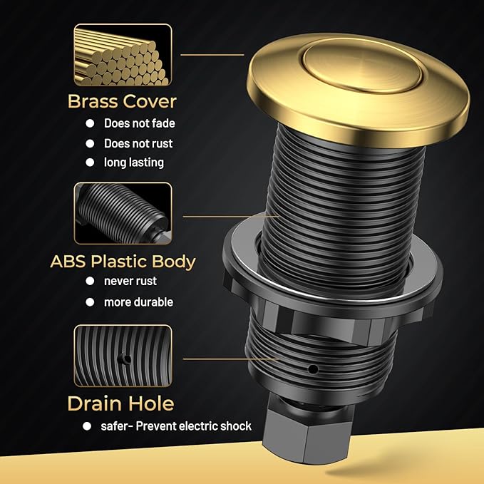 Garbage Disposal Air Switch Kit, Brushed Gold Finish, Compatible with Moen Brushed Gold Faucets, UL Listed Sink Top Button, Universal Countertop Design