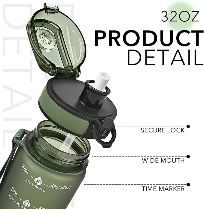 GOSWAG Water Bottles, 32 oz Motivational Sports Water Bottle with Straw and Time Marker to Remind You to Drink, Comes with Carry Strap, Leakproof