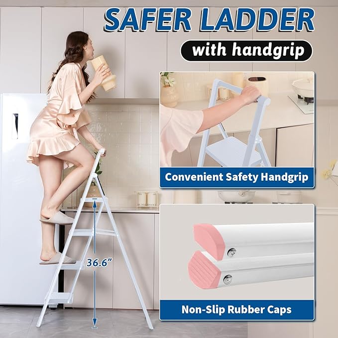 Double Elite Step Ladder 4 Step Folding with Handgrip, Convenient Step Ladder with Tool Bag Safer 330 Lbs Load 4 Step Ladder Folding Step Stool, Small Sturdy Ladder for Adults with Wide Pedals, White