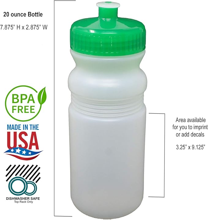 Rolling Sands 20 Ounce Sports Water Bottles 24 Pack, BPA-Free, Made in USA, Dishwasher Safe, Clear Frost Bottles/Green Lids