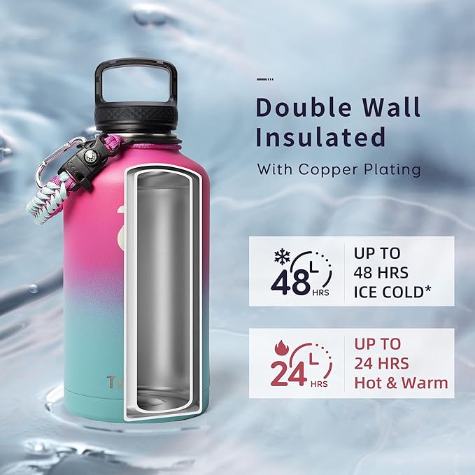 Water Bottle 64oz with Paracord Handle, Trebo Half Gallon Double Wall Vacuum Stainless Steel Insulated Jug with Straw Spout Handle Lids, Leakproof Water Flask Keep Cold Hot Thermo Canteen Mug,Rose Red