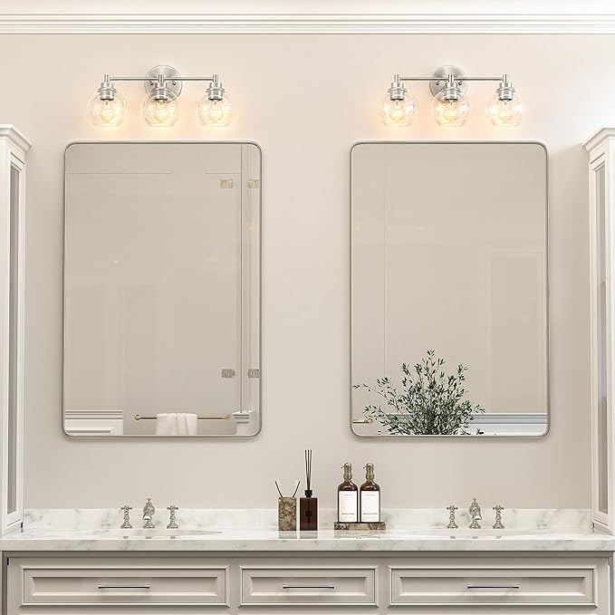 VONLUCE Bathroom Light Fixtures, 3-Light Vanity Light with Globe Glass Shades E26 Sockets, Bathroom Lights Over Mirror for Bedroom Hallway Living Room, Brushed Nickel Finish, ETL Certificated