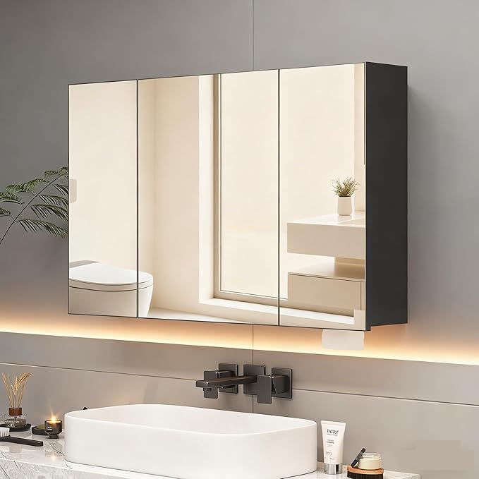 23.6 x 39.4 inch Bathroom Medicine Cabinet with Mirror, Black Metal Framed Mirror Medicine Cabinet with Storage, Pre-Assemble Medicine Cabinets for Bathroom, Recessed or Surface Mount