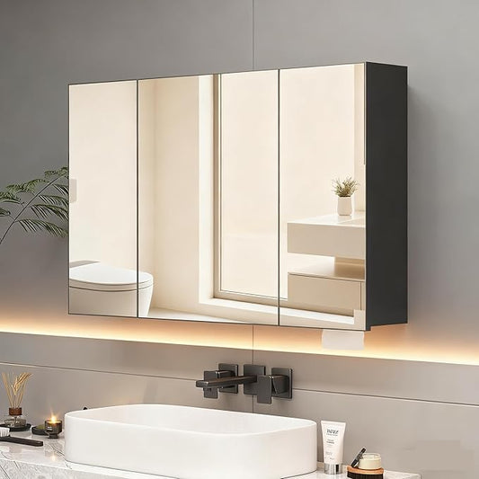 23.6 x 39.4 inch Bathroom Medicine Cabinet with Mirror, Black Metal Framed Mirror Medicine Cabinet with Storage, Pre-Assemble Medicine Cabinets for Bathroom, Recessed or Surface Mount