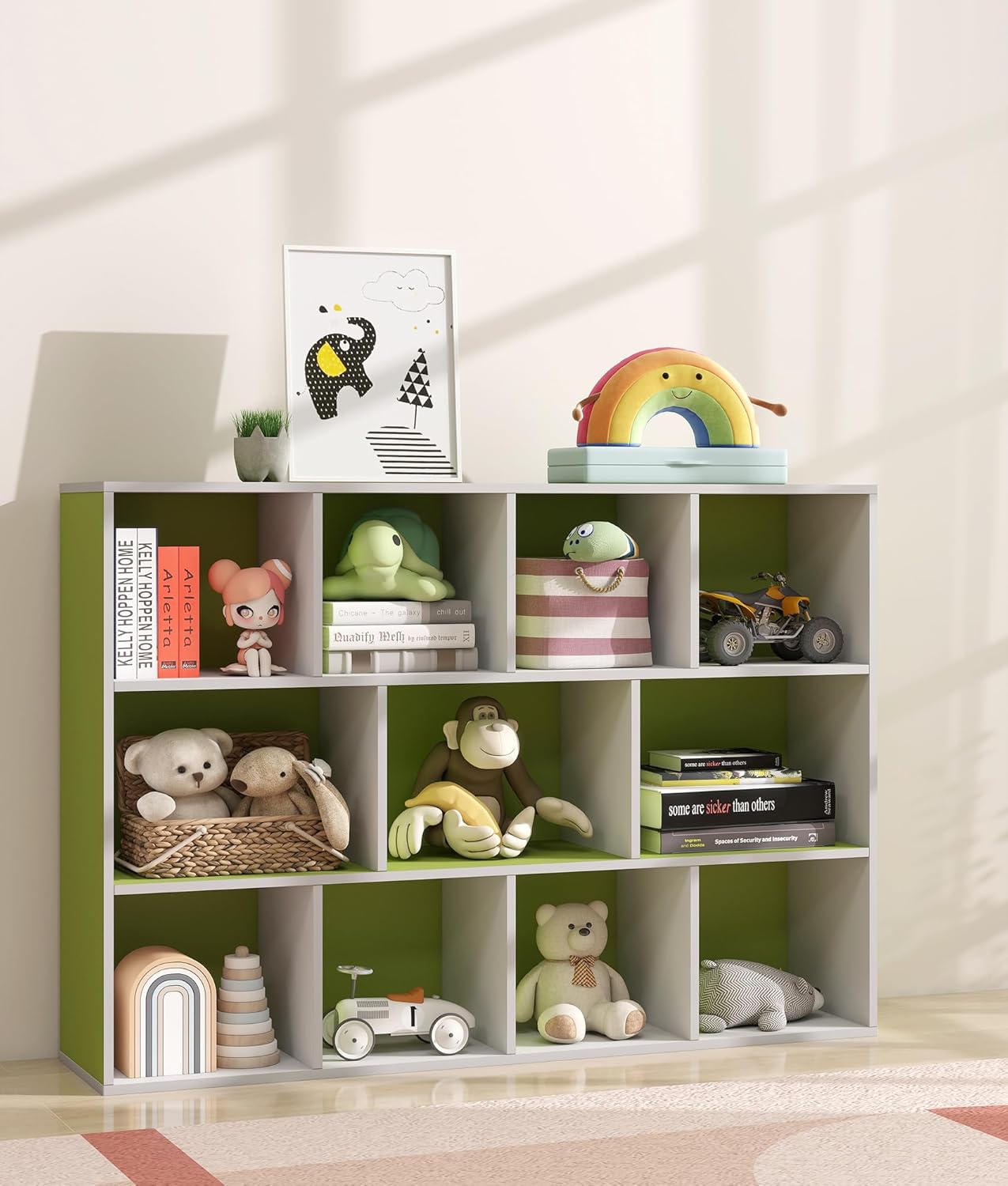 11 Cube Small Kids Bookshelf & Toy Organizer – Wooden Cube Bookcase for Playroom Organization and Storage, Book Storage for Kids Room, Baby Bookshelf for Nursery, Green/White