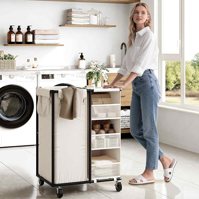 WOWLIVE Laundry Sorter with Wheels 100L Rolling Laundry Hamper with Hanging and Removable Bag Laundry Cart with Steel Frame and Storage Unit Large Basket Organizer for Dorm Room, Bathroom (Beige)