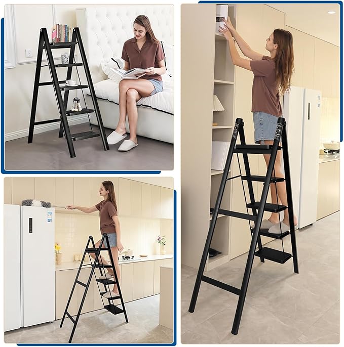 Double Elite Step Ladder 5 Step Folding, Sturdy 330 Lbs Load Small Step Stool for Adults, Safer Full Steel Multi-use Kitchen Ladder for Home/Closet, with Anti-Slip Wide Pedals, Black