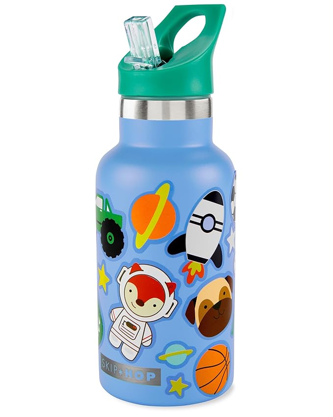 Skip Hop Stainless Steel Kids Canteen Bottle with Stickers, Straw 12.85 oz Blue