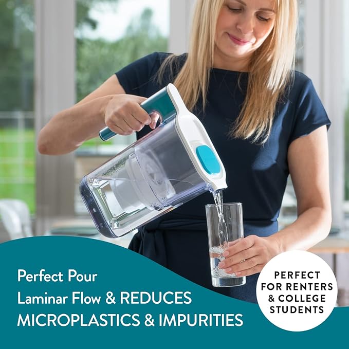 Perfect Pour Small 6 Cup Water Filter Pitcher by Aqua Optima, Reduces Microplastics, Ergonomic, Eliminates Splashes and Spills, BPA Free, NSF Certified, Includes 3 Evolve+ Water Filters, Blue