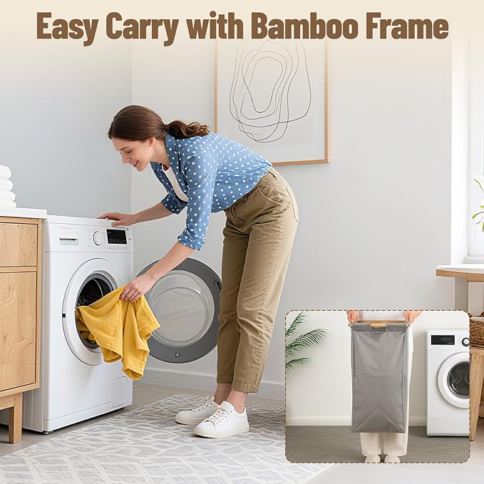 Bamboo Laundry Hamper 3 Section with Lid, 150 L Laundry Sorter with Pull-Out Removable Washable Bags, 3 × 12.5 Gal Divided Laundry Baskets for Laundry Room, Bathroom (Gray)