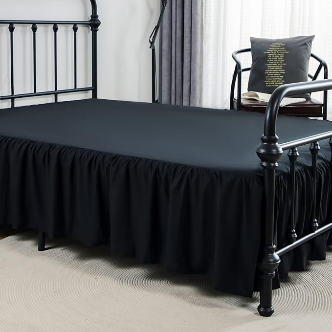Bed Skirt Full Size Ruffled Bed Skirt with Split Corners, 14 Inch Drop Dust Ruffle Bed Skirt with Platform, Black