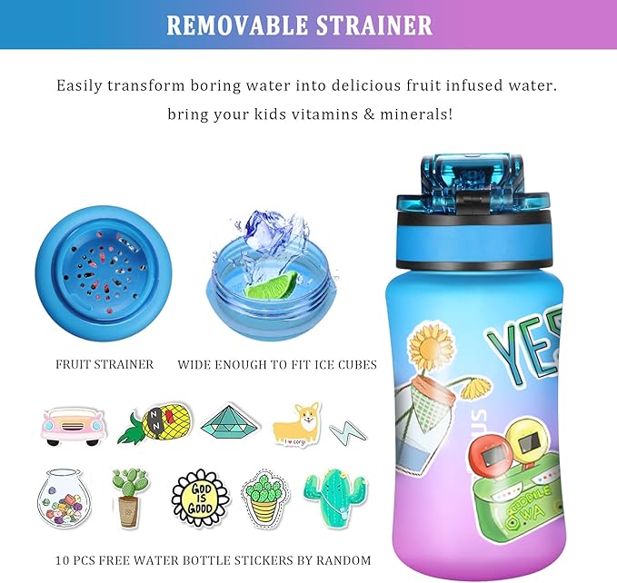 GOPPUS Kids Water Bottle with Straw Spout Lid 10pcs Stickers 12 oz Leak-proof BPA Free Motivational Time Marker Tritan Plastic Water Bottles for Girls Boys School Sports