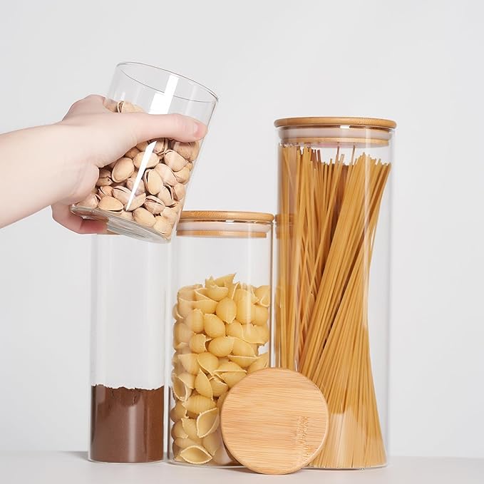 73oz Glass Pasta Storage Jars, Tall Glass Jars with Bamboo Lids, Spaghetti Container, Set of 3, Kitchen Storage Containers for Pasta, Pantry Organizers