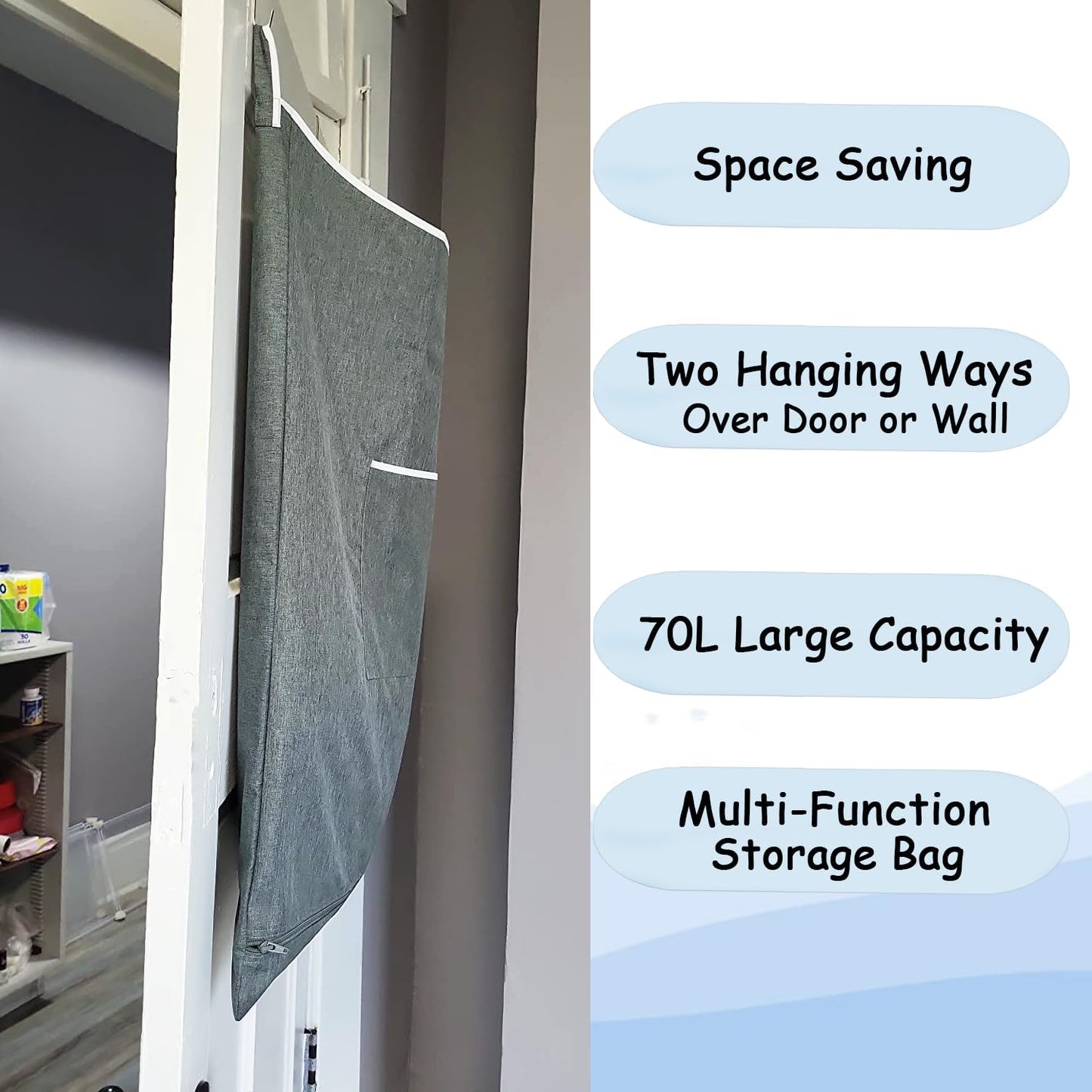 XL Door Laundry Hamper, Hanging Hamper with Large Openging, Hanging Laundry Hamper Storage Bag，Door hampers for Laundry of Home, Dorm, or Travel(Heather Grey, 36x22 Inch)