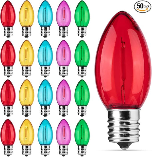 Brightown 50 Pack C9 LED Christmas Light Bulbs, Colored C9 Shatterproof LED Bulbs Replacement for Holiday String Lights, E17 Intermediate Base, Commercial Dimmable Bulbs