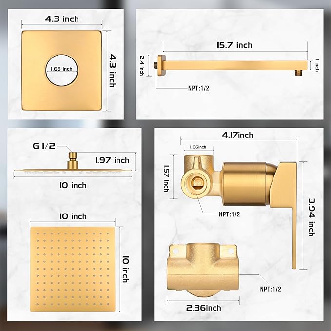 10 Inch Rainfall Shower Faucet Single Function Shower Trim Kit with Rough-in Valve Shower Set Square Stainless Steel Metal Touch-Clean Shower Head Brushed Gold