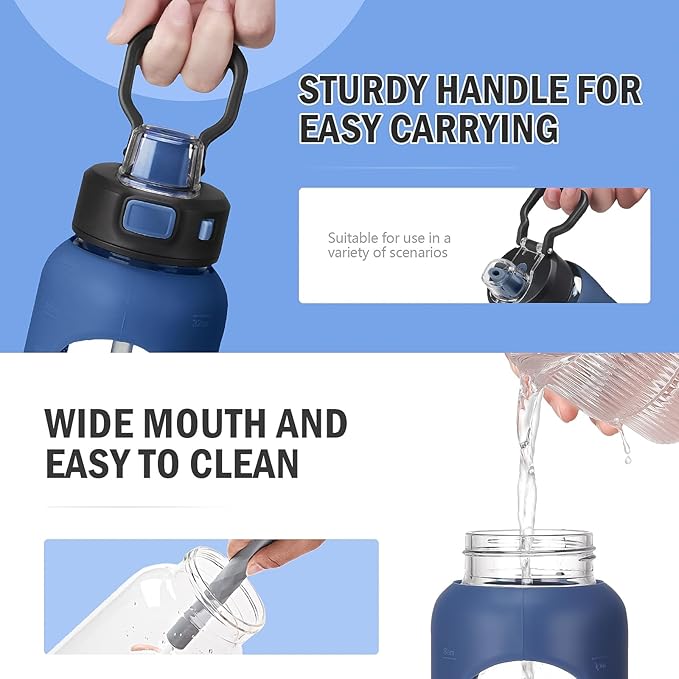 Kodrine Water Bottle With Straw and Carry Handle, Glass Water Bottle 24 oz Leak Proof Locking Lid with Soft Silicone Spout, Small Clear Water Bottle, Travel Sports Water Jug, Time Marker, Navy Blue