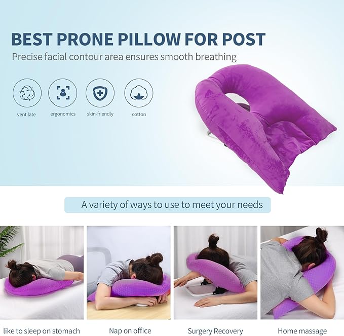 Face Down Pillow for Sleeping, Prone Pillow for Vitrectomy or Retinal Surgery, Adjustable Height Prone Prone Pillow Face Down Sleep, Retina Lying Pillow Eye Surgery Recovery (Velvet-Purple)