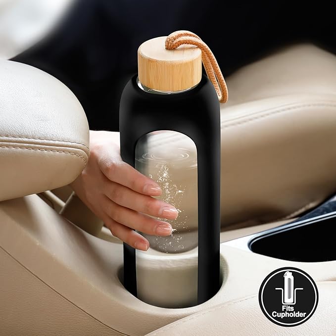 Glass Water Bottles 32 oz - 32 ounce Glass Drinking Bottle with 2 Bamboo Lids Time Marker and Silicone Sleeve, 1 Liter Wide Mouth Motivational Glass Water Bottle with Straw for Travel Daily Intake