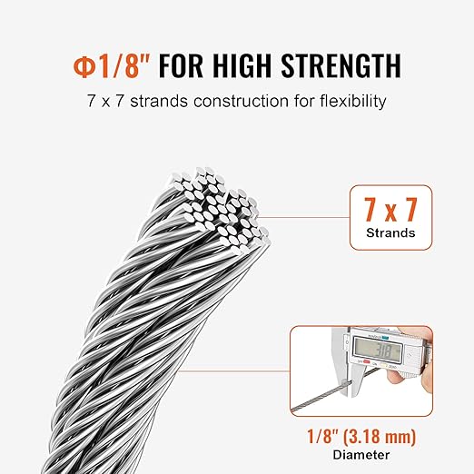 VEVOR 1/8 Stainless Steel Cable Railing Kit, 600 FT 316 Marine Aircraft Cable With Cutter and Gloves, 1600 lbs Breaking Strength, 7x7 Strands for Handrail Stair Decking Fence Outdoors