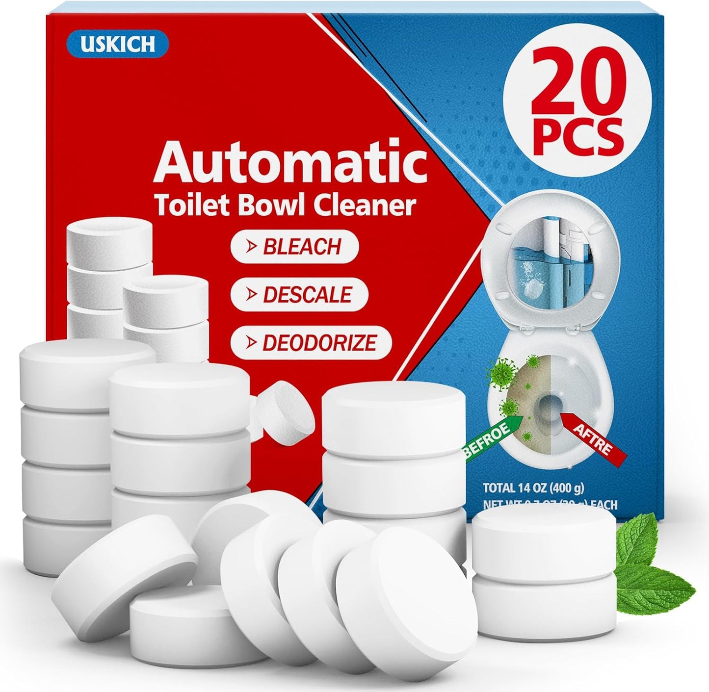 USKICH Toilet Bowl Cleaner Tablets 20 PACK, Bathroom Automatic Toilet Tank Cleaners with Bleach, Slow-Releasing Household Toilet Cleaners for Deodorizing, Descaling, against Tough Stains