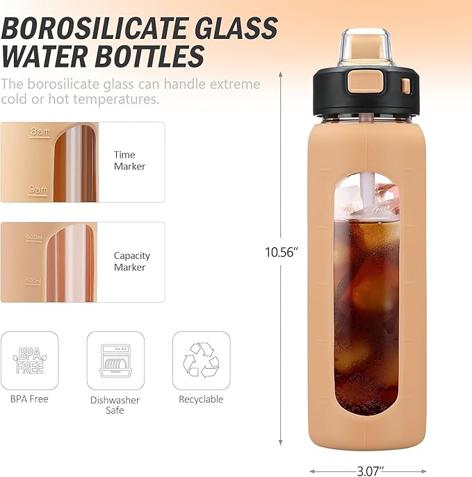 Kodrine Water Bottle With Straw and Carry Handle, Glass Water Bottle 24 oz Leak Proof Locking Lid with Soft Silicone Spout, Small Clear Water Bottle, Travel Sports Water Jug, Time Marker, Amber