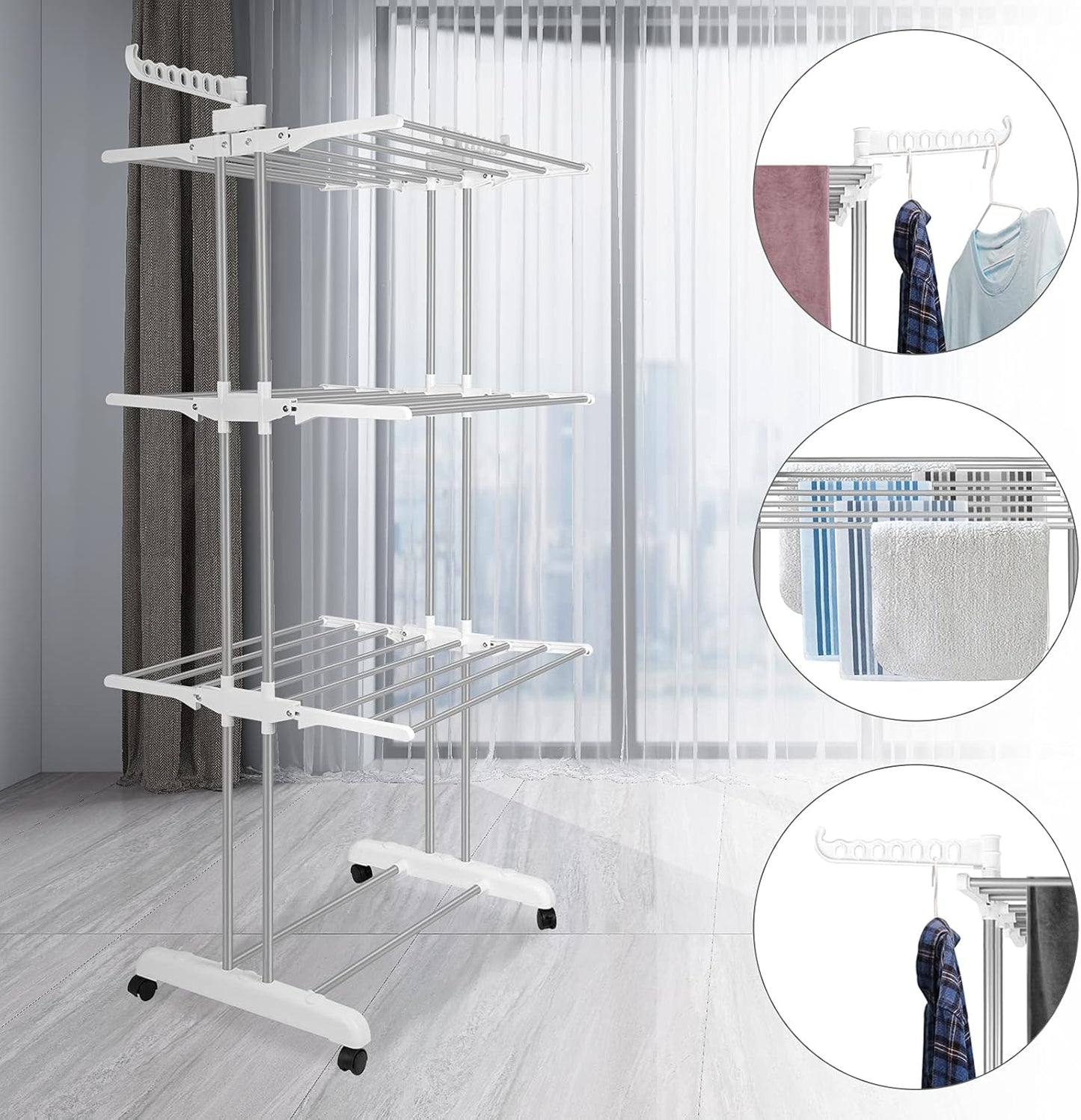 Bigzzia Clothes Drying Rack, Folding Stainless Steel Drying Rack Clothing Indoor Outdoor, Space-Saving, 4 Tier Laundry Drying Rack with Two Side Wings -Grey White