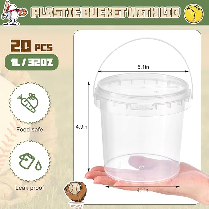 PerKoop 20 Pcs 32 oz Baseball Ice Cream Buckets with Lids and Handles Clear Cocktail Rum Buckets for Drinks with 200 Stickers Plastic Transparent Tub Reusable Food Storage Containers for Parties