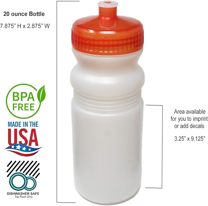 Rolling Sands 20 Ounce Sports Water Bottles 24 Pack, BPA-Free, Made in USA, Dishwasher Safe, Clear Frost Bottles/Orange