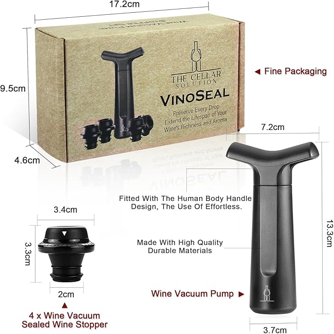 VinoSeal: Premium Wine Bottle Vacuum Seal & Reusable Stoppers Set by The Cellar Solution