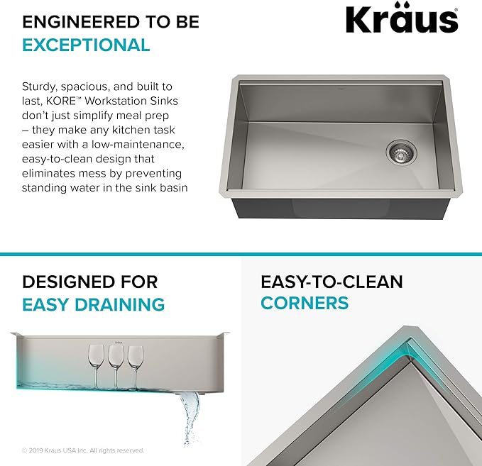 KRAUS Kore Workstation 30-inch Undermount 16 Gauge Stainless Kitchen Sink, Single Bowl Kitchen Sink with 3/4 HP Garbage Disposal, KWU110-30-100-75MB
