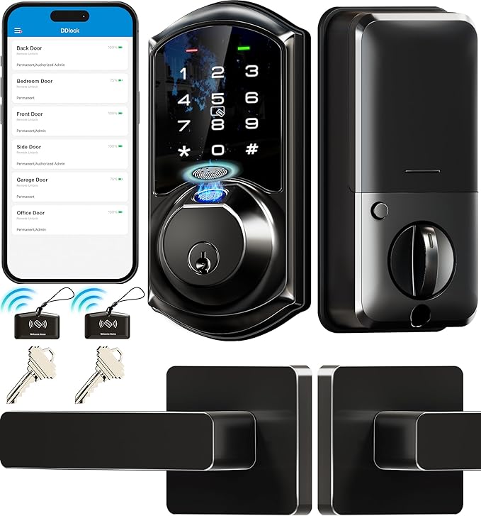 Veise VE07-L Fingerprint Smart Locks for Front Door with Zinc Alloy Handle Set, App Control, Keyless Entry, Electronic Digital Keypad Deadbolt, Auto Lock, Waterproof, Easy to Install, Matte Black