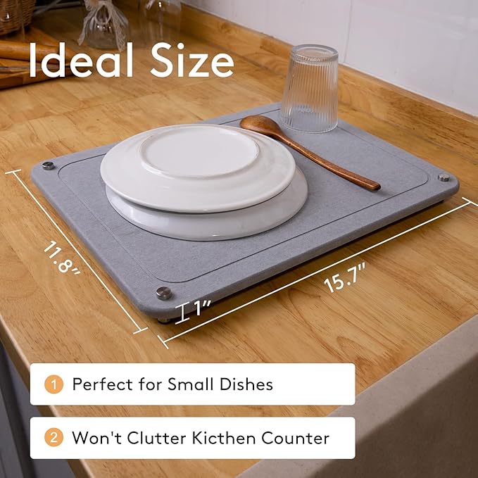 Stone Drying Mat for Kitchen Counter 15.7" x 11.8" Light Gray, Quick Dry Stone Dish Drying Mat with Legs, Drying Stone for Kitchen Counter Fits Various Dish Racks, Zero Rust Dish Drying Stone