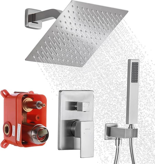 Rain Shower System with Handheld Shower, 10 Inch Wall Mounted Shower Faucet Set Bathroom Luxury Rain Mixer Shower Combo Set Rough-in Valve and Trim Kit, Brushed Nickel