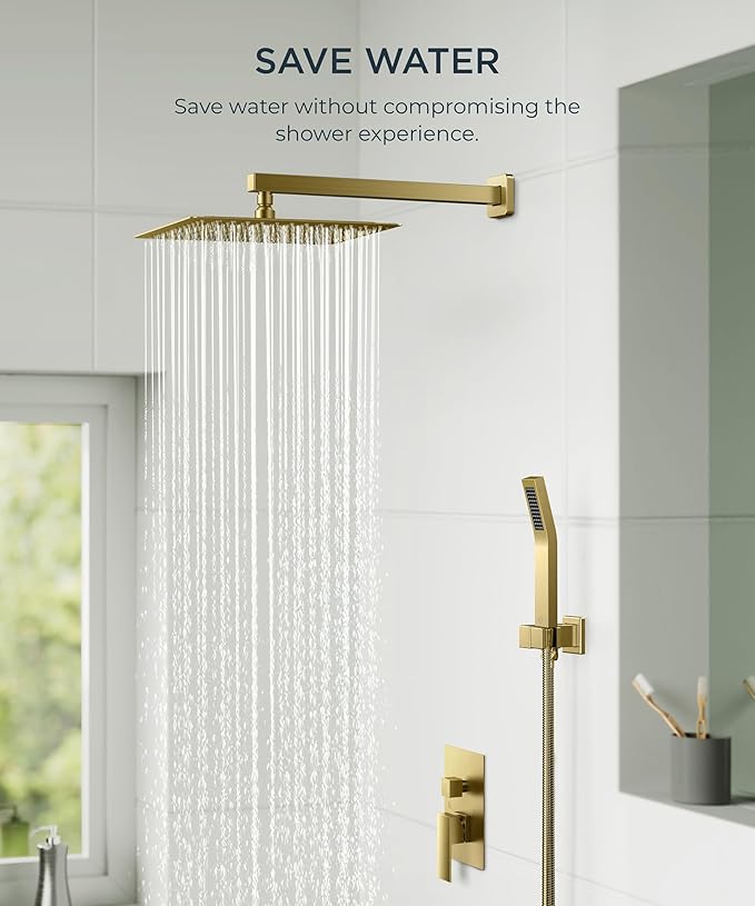 FORIOUS Rain Shower Head System, 10 Inch Shower Faucet Set with with handheld combo, Solid Brass Pressure Balanced Valve and Trim Kit Fixtures, Wall Mounted, Brushed Gold