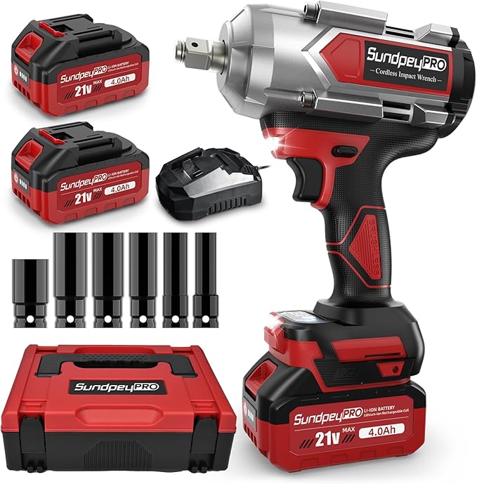 Cordless Impact Wrench 960Ft-lbs - 1300N·m High Torque Impact Wrench - 21V 2600RPM Brushless Power Impact Gun with 2 × 4.0Ah Battery 6 Sockets & Charger & Carry Case for Car Tire Truck DIY