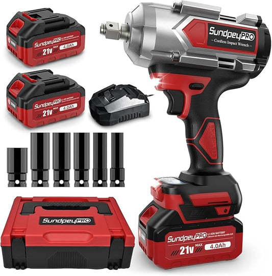 Cordless Impact Wrench 960Ft-lbs - 1300N·m High Torque Impact Wrench - 21V 2600RPM Brushless Power Impact Gun with 2 × 4.0Ah Battery 6 Sockets & Charger & Carry Case for Car Tire Truck DIY