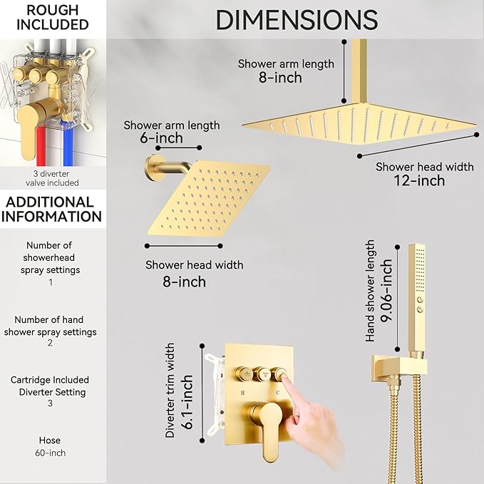 Shower Faucet Set Matte Black Shower System, 12" Ceiling Rainfall Shower and 8" Rain Shower with 2 in 1 Handheld, Can Use All at Once, Wall Mount Pressure Balance Rough-in Valve and Trim Kit