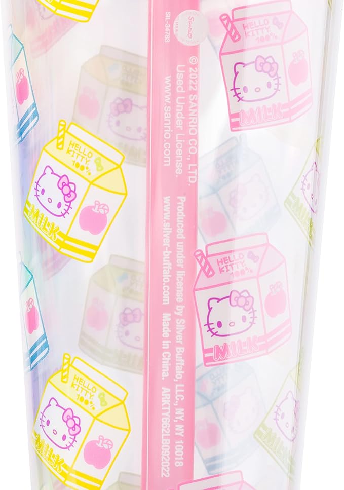 Silver Buffalo Sanrio Hello Kitty Milk Carton Pattern Plastic Boba Tumbler w Lid and Wide Straw, 24 Ounces