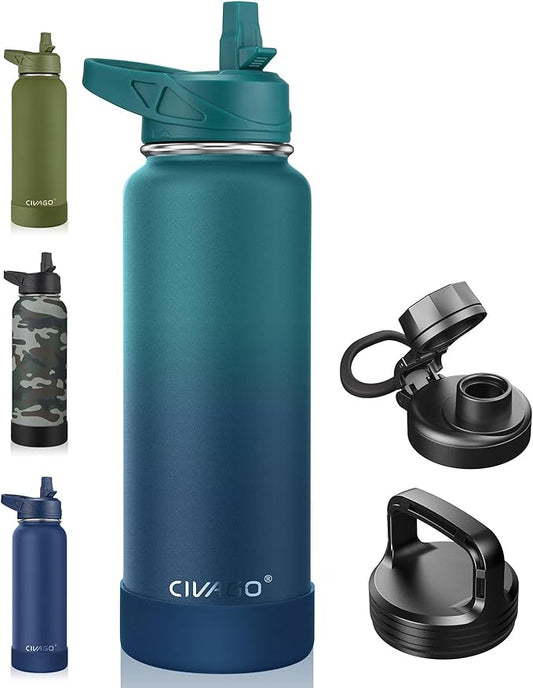 CIVAGO 40 oz Insulated Water Bottle With Straw, Stainless Steel Sports Water Cup Flask with 3 Lids (Straw, Spout and Handle Lid), Double Walled Travel Thermal Canteen Mug, Dark Night