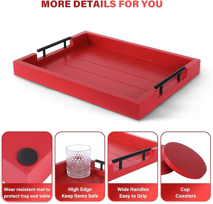 Coffee Table Decorative Serving Tray - 17x13 Inch Wood Tray with 4 Wooden Coasters - Ideal for Ottoman, Breakfast